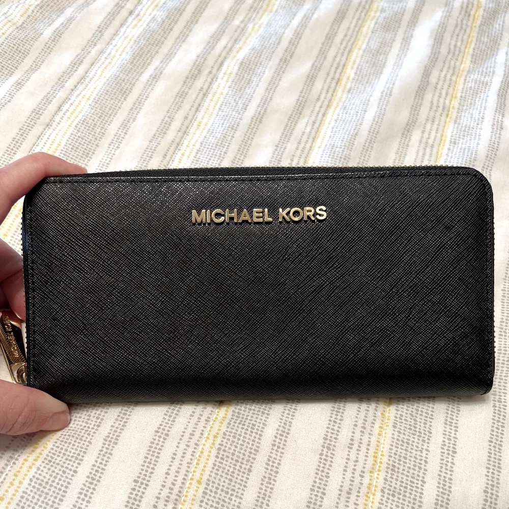 Gently Used Michael Kors Black and Gold Zip-Around Leather Wallet